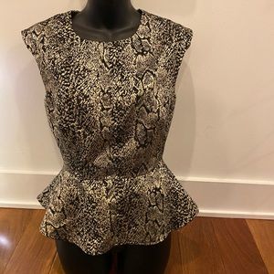 FOREVER 21 BLACK AND GOLD SNAKE SKIN PEPLUM TOP.